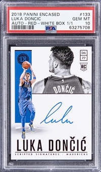 2018-19 Panini Encased "Scripted Signatures" Red #133 Luka Doncic Signed Rookie Card (White Box #1/1) - PSA GEM MT 10